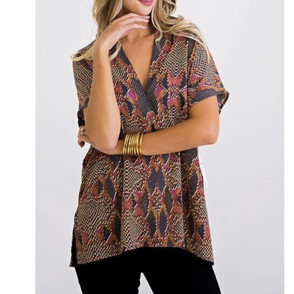 Pants Store Kimono Top Large Women's V-Neck Snake Animal Print Sheer Tunic Multi - Picture 1 of 7